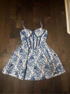 Blue and White Floral Fit-and-Flare Dress